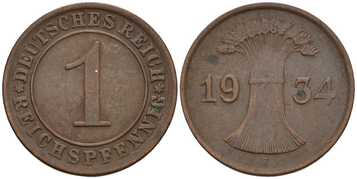 Германия 1 рейхспфенниг 1934 E KM 37, J. 313 бронза 4516-233