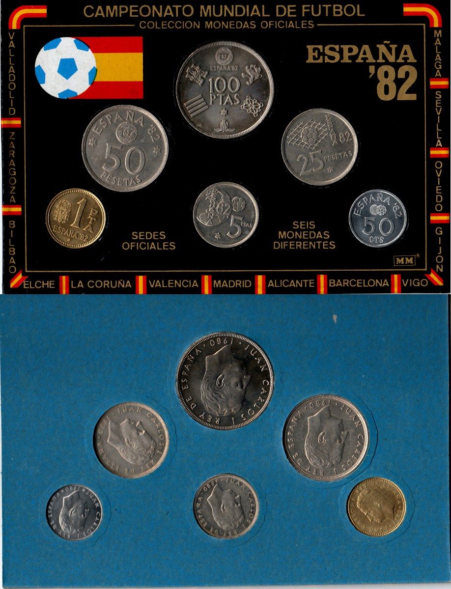 Испания красочный набор из 6 монет (50 сентимов; 1, 5, 25, 50 и 100 песет) 1980 чемпионат мира по футболу в Испании 1982 года KM MS11 (815, 816, 817, 818, 819 и 820) UNC 3-4-10-33