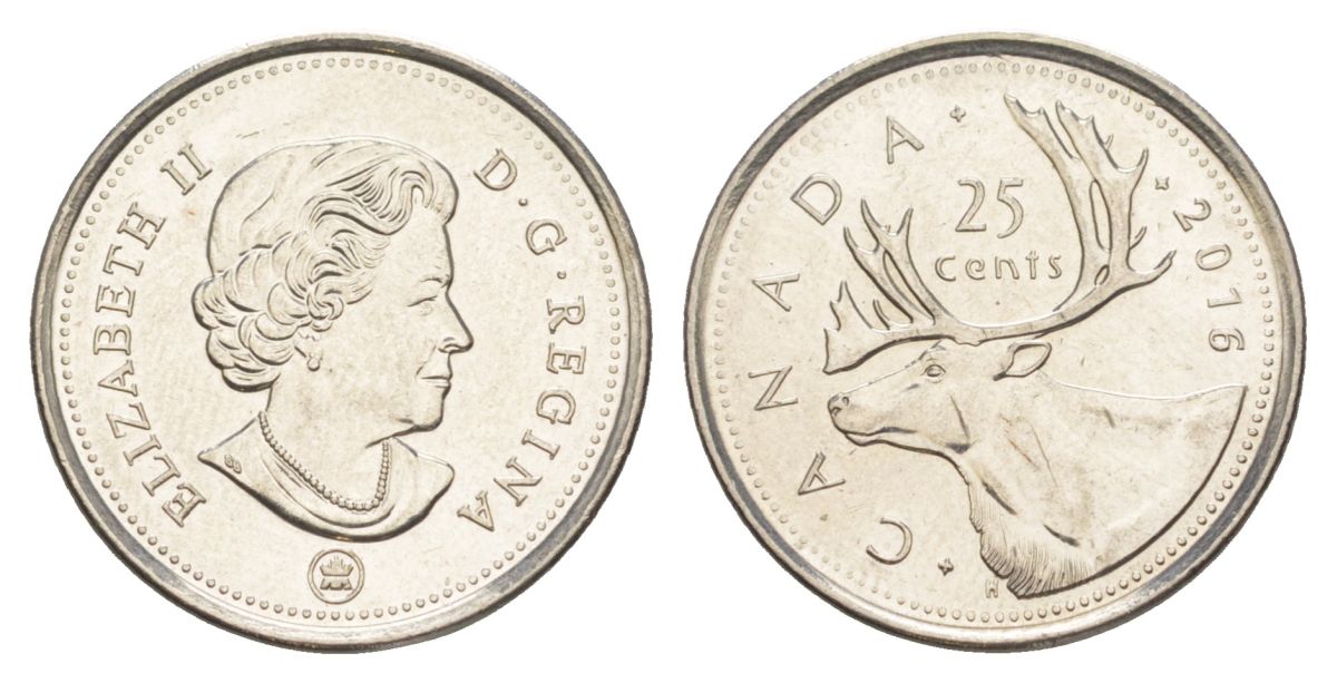 Канада 25 центов 2016 Leaf, Елизавета II (1952-2022), олень KM 2296 сталь плакированная никелем UNC 4631-736