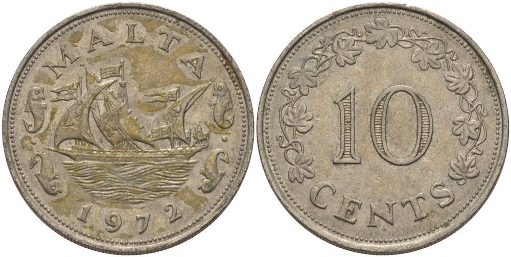 Мальта 10 центов 1972 баржа Великого магистра KM 11 медно-никель 82-543