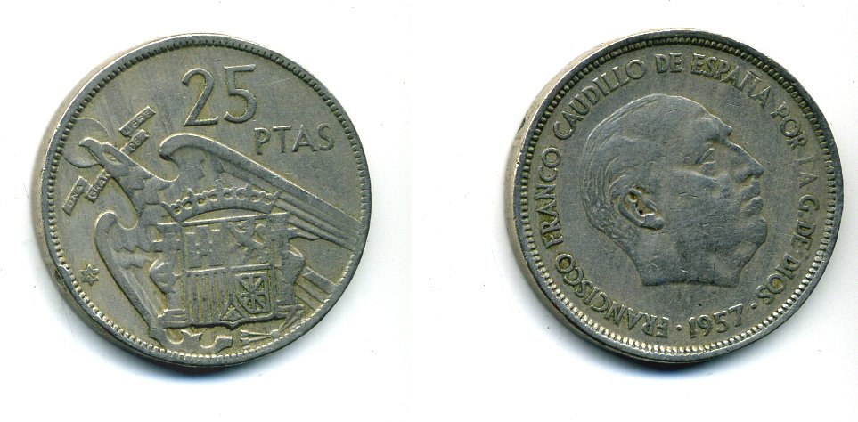 ИСПАНИЯ 25 ПЕСЕТ 1957 (65) ФРАНСИСКО ФРАНКО ДИКТАТОР ИСПАНИИ (1939-1975) KM 787 медно-никель 36-353