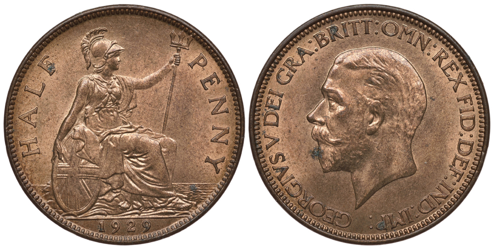 Великобритания 1/2 пенни 1929 Георг V (1910-1936) KM 837 Spink 4058 бронза UNC 1085-5-13