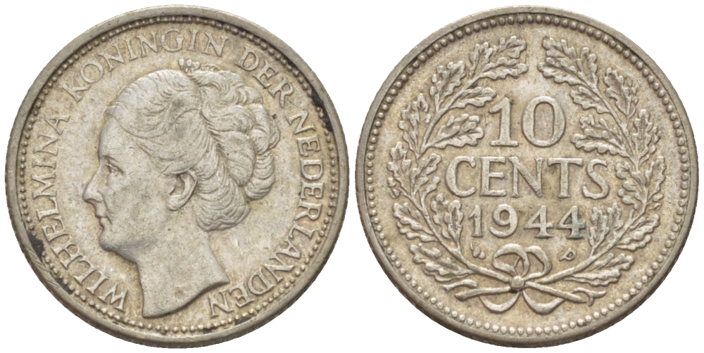 Нидерланды 10 центов 1944 Вильгельмина (1890-1948) KM 163 серебро aUNC 84-313