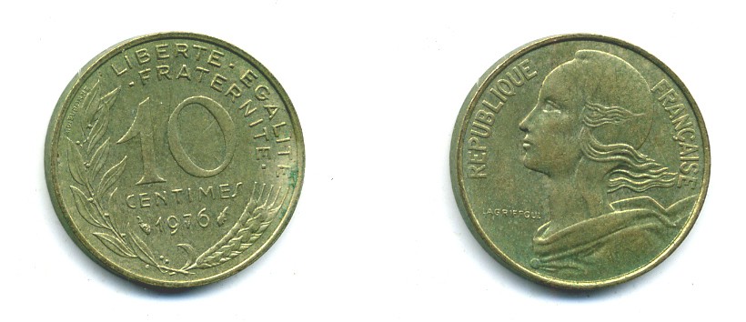 ФРАНЦИЯ 10 САНТИМОВ 1976 ТИП MARIANNE KM 929 медь алюминий никель 84-1623