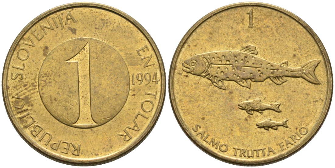 Словения 1 толар 1994 рыбы KM 4 никель латунь 4573-611