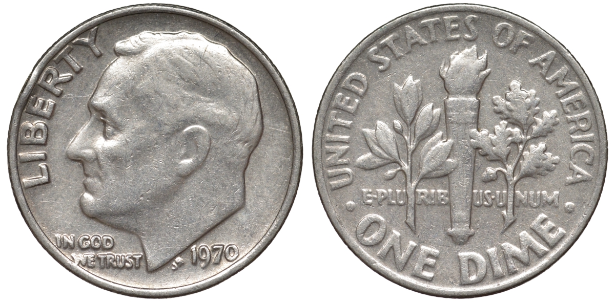 США 1 дайм - 10 центов 1970 Рузвельт KM 195a медь плакированная медно-никелем 4549-316