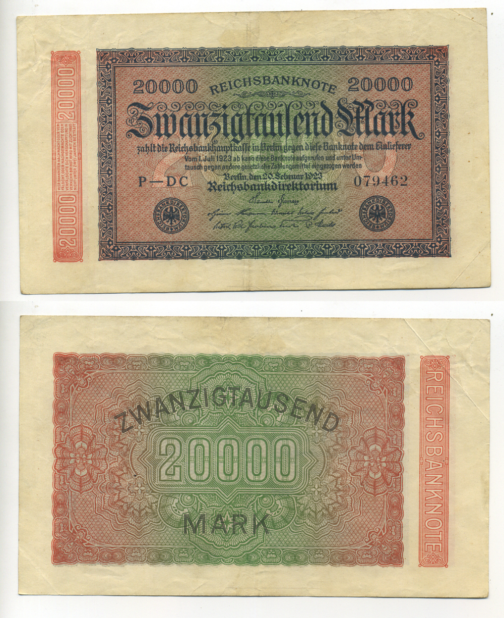 ГЕРМАНИЯ 20000 МАРОК 1923 20 ФЕВРАЛЯ 1923, ВОДЯНОЙ ЗНАК G Pick 85с бумага 6317-29-1