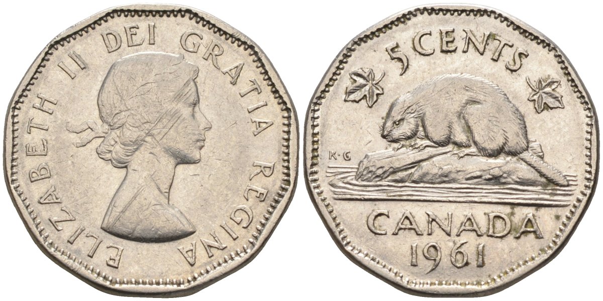 Канада 5 центов 1961 Елизавета II (1952-), бобр KM 50а никель 4586-421