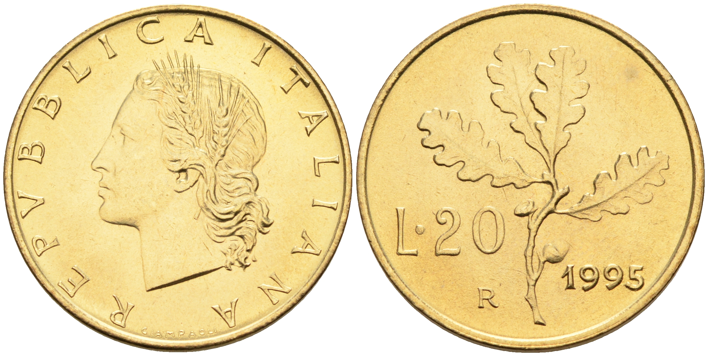 Италия 20 лир 1995 R, дубовый лист KM 97.2 алюминиевая бронза  UNC  4594-948