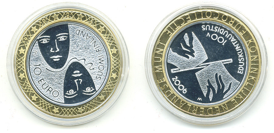 Финляндия 10 евро 2006 100 лет Парламентским реформам, два лица KM 132 серебро PROOF 11-042-24