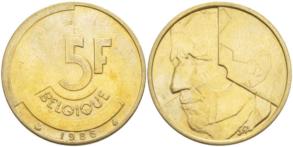 БЕЛЬГИЯ 5 ФРАНКОВ 1986 BELGIQUE KM 163 латунь или алюминиевая бронза 4391-221