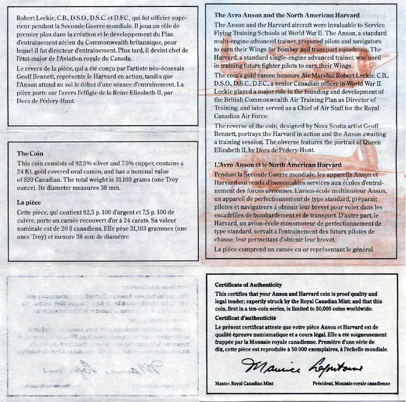 Канада 20 долларов 1990 самолеты Энсон и Гарвард, маршал Роберт Леки в оригинальной коробке с сертификатом KM 173 серебро, позолота PROOF 7-5-4-14