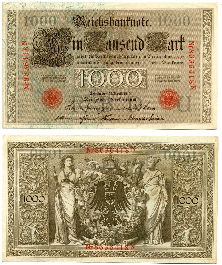 Германия 1000 Марок 1910 21 апреля 1910, Буква U, номер семизначный, серия N, Выпуск (10.1922) Pick 44b, Розенберг 45с бумага 8618-28-1-1