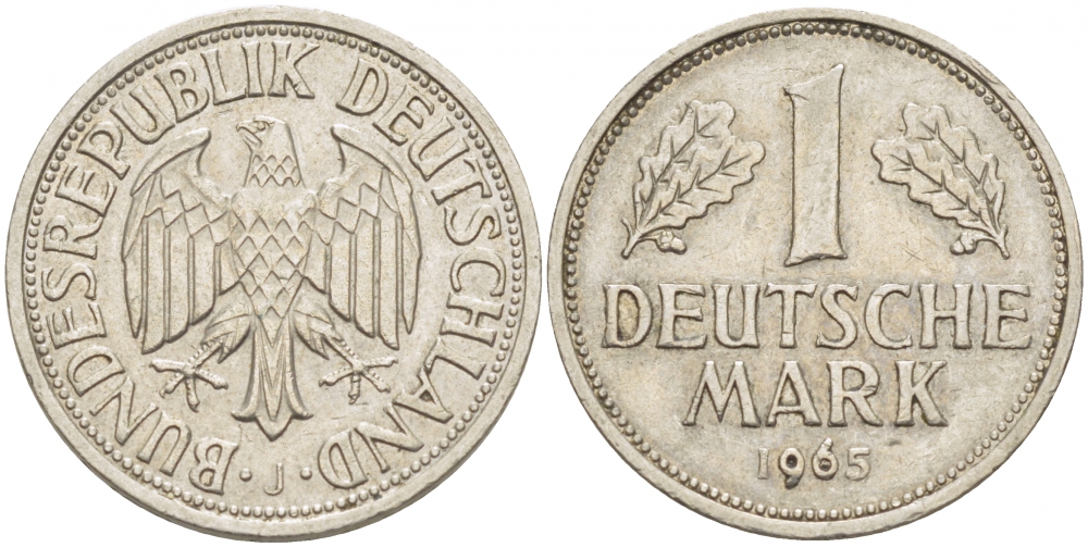 ФРГ 1 МАРКА 1965 J KM 110, J. 385 медно-никель 3718-1124