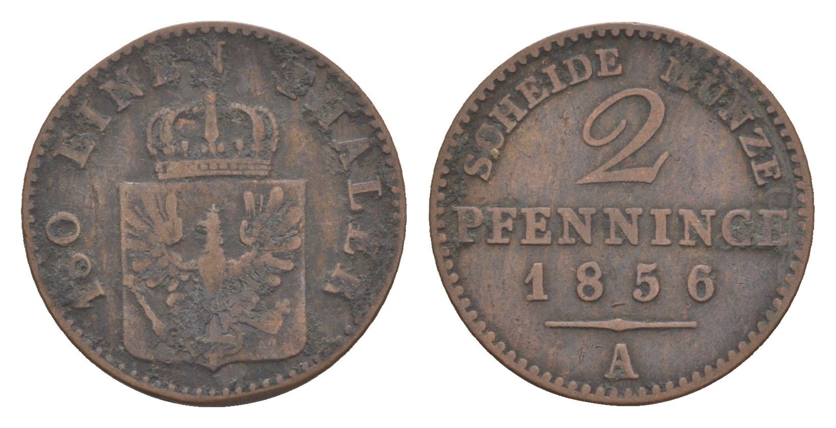 Пруссия 2 пфеннига 1856 A, Фридрих Вильгельм IV (1840-1861) KM 452, Jaeger 51, Olding 336, AKS 91 медь 4651-311