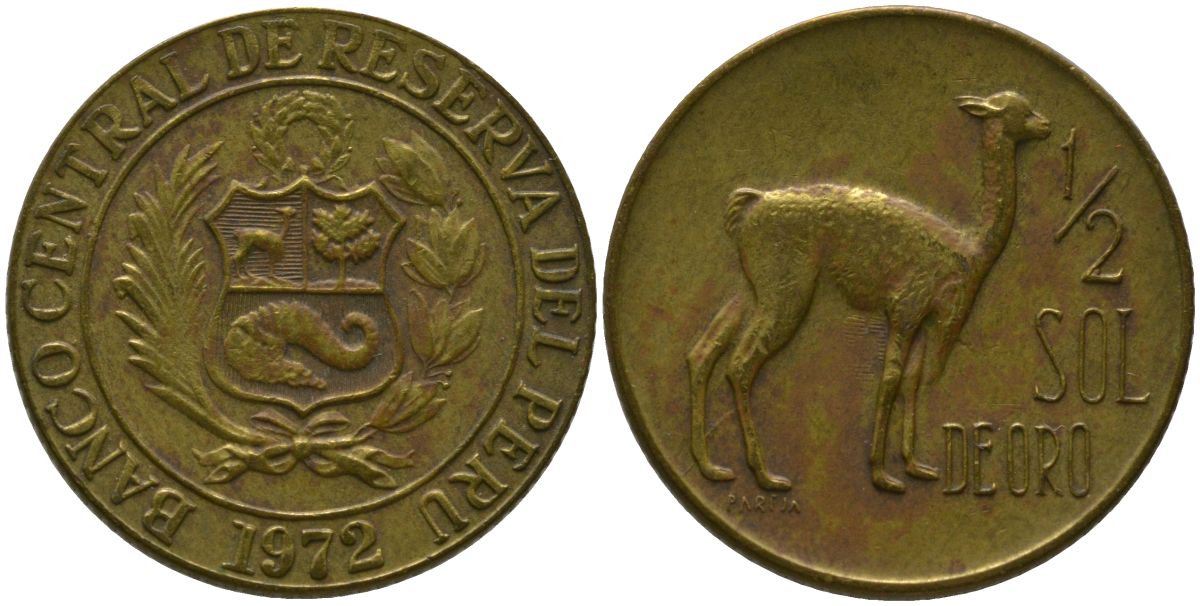 Перу 1/2 соль 1972 KM 247, Schon 52 латунь 4539-1131
