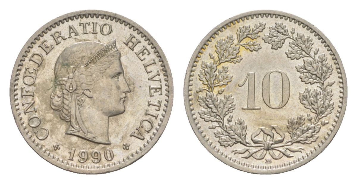 Швейцария 10 раппенов 1990 B KM 27 медно-никель aUNC 4627-1156