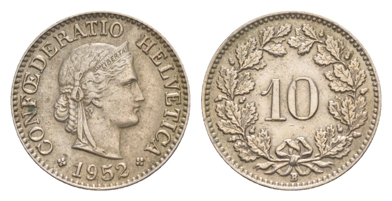 Швейцария 10 раппенов 1952 B KM 27 медно-никель 4625-141