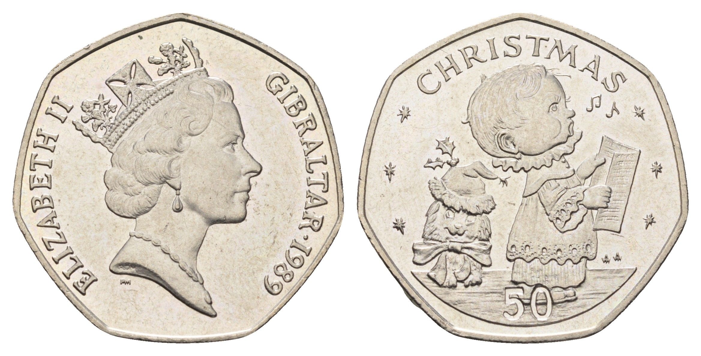 Гибралтар 50 пенсов 1989 Рождество KM 31 медно-никель UNC 1524-2022