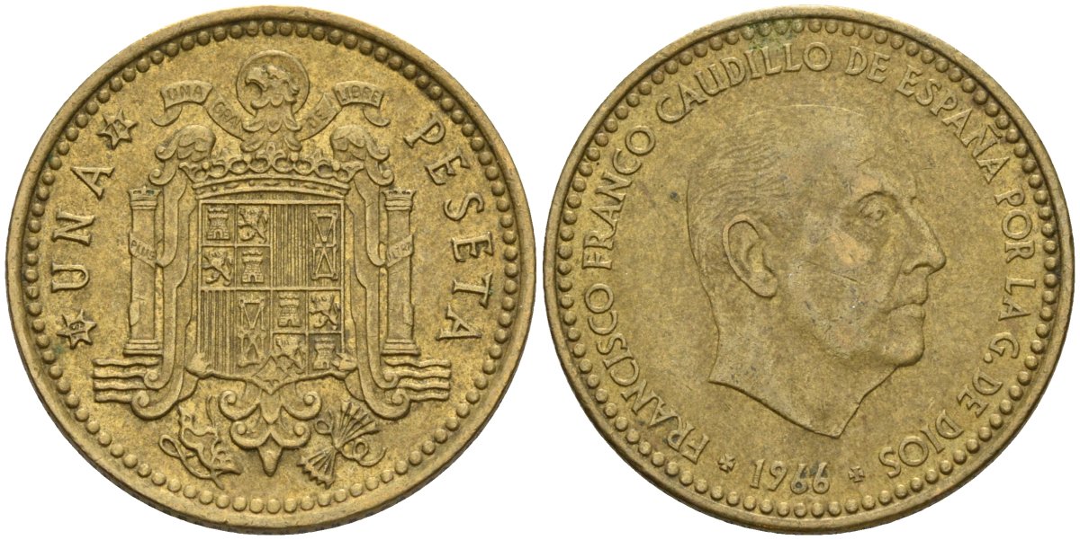 Испания 1 песета 1966 (73) Франсиско Франко (1939-1975) KM 796 алюминиевая бронза 4604-127
