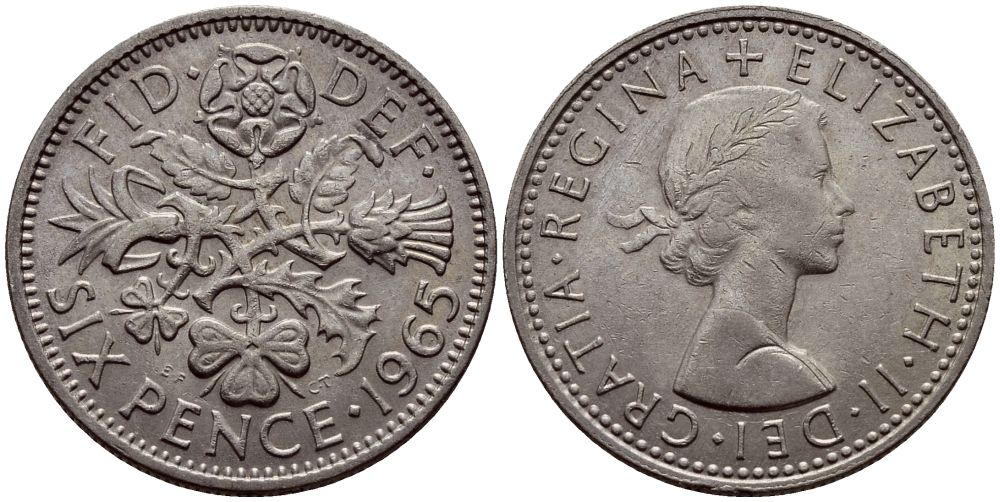Великобритания 6 пенсов 1965 Елизавета II (1952-2022) KM 903, Spink 4149 медно-никель 75-948