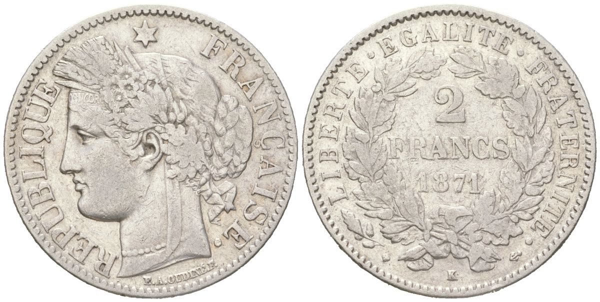 Франция 2 франка 1871 K KM 817.2 серебро 4616-542