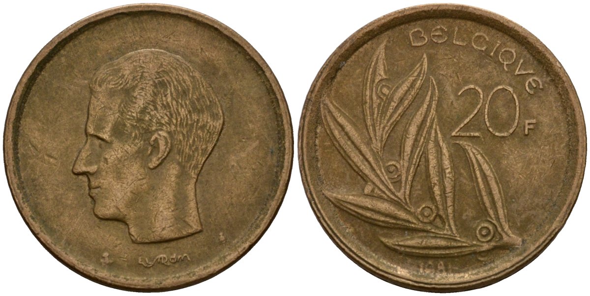 Бельгия 20 франков 1981 Belgique, Бодуэн I (1951-1993) KM 159 никель бронза 4601-345