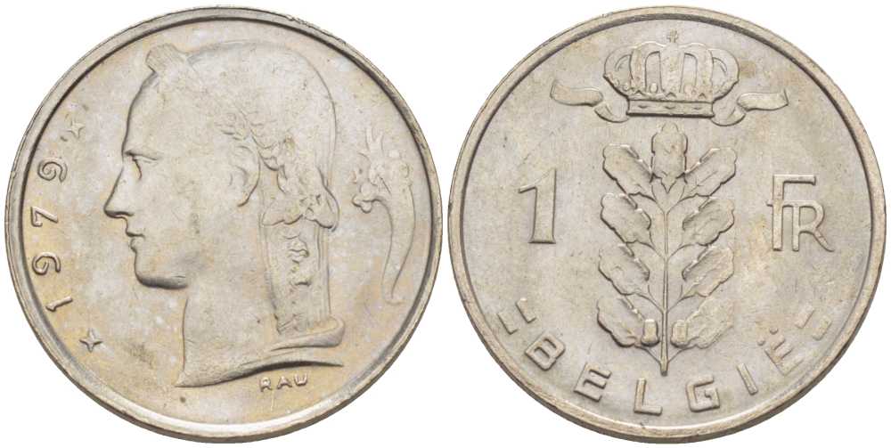 БЕЛЬГИЯ 1 ФРАНК 1979 BELGIE, БОДУЭН I (1951-1993) KM 143.1 медно-никель 202-1117