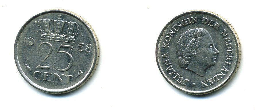 НИДЕРЛАНДЫ 25 ЦЕНТОВ 1958 ЮЛИАНА KM 183 никель 76-366
