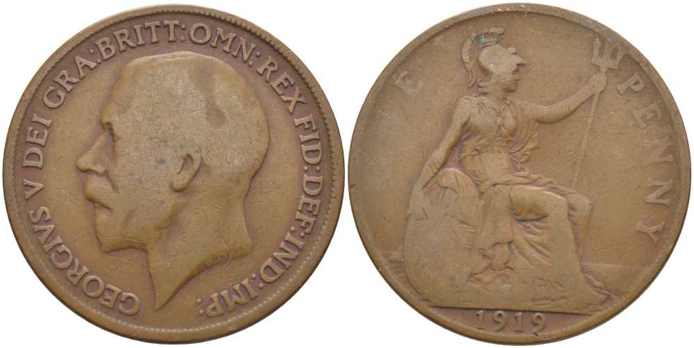 Великобритания 1 пенни 1919 Георг V (1910-1936) KM 810, Spink 4051 бронза 115-141