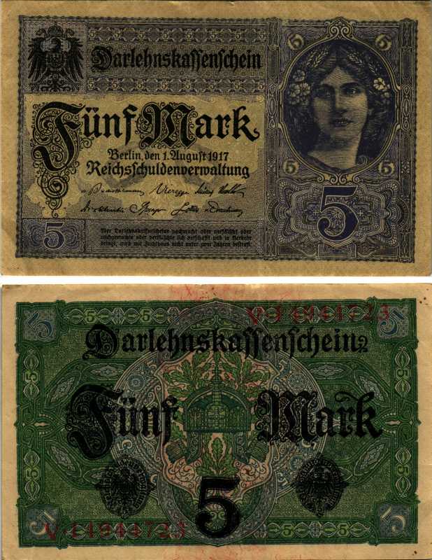 ГЕРМАНИЯ 5 МАРОК 1917 1 АВГУСТА 1917, ВОСЕМЬ ЦИФР В НОМЕРЕ Pick 56b бумага 444-153-2-1