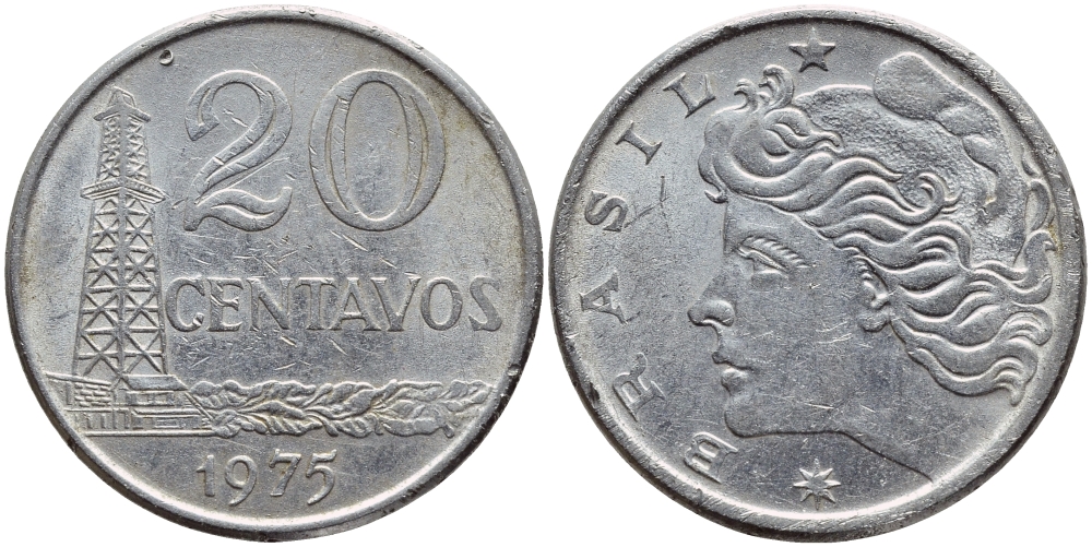 Бразилия 20 сентаво 1975 голова свободы влево KM 579.1a, Schon 84b нержавеющая сталь 4622-316