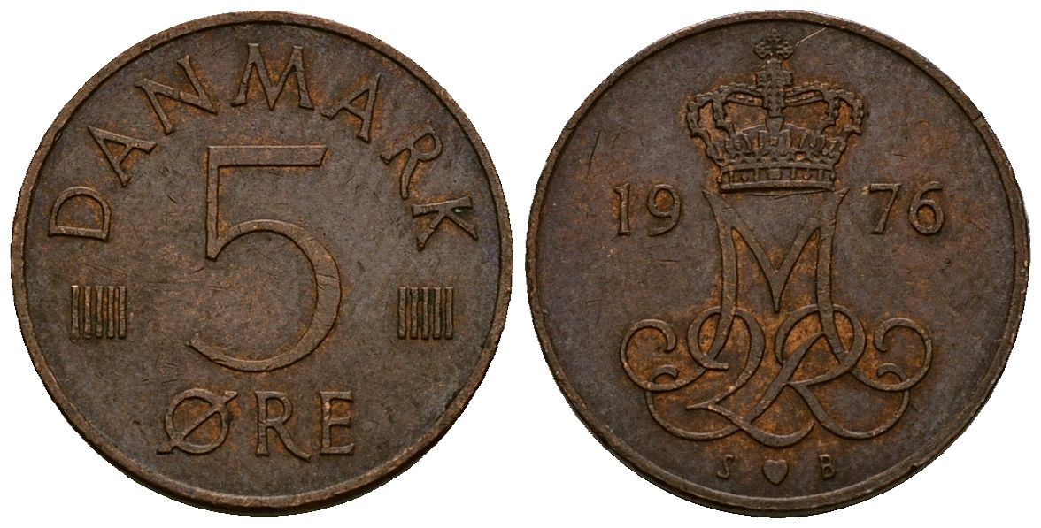 Дания 5 эре 1976 S; B, Маргрете II (1972- ) KM 859.1 железо плакированное медью 4173-718