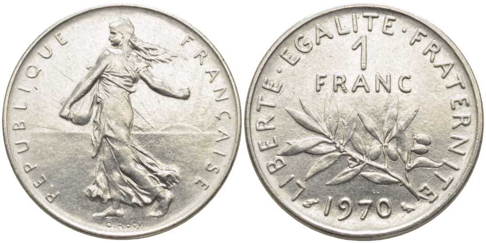 ФРАНЦИЯ 1 ФРАНК 1970 СЕЯТЕЛЬ KM 925.1, LE FRANC 226.15 никель 175-526