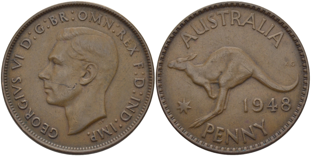 АВСТРАЛИЯ 1 ПЕННИ 1948 m, ГЕОРГ VI (1936-1952), КЕНГУРУ KM 36 бронза 97-912
