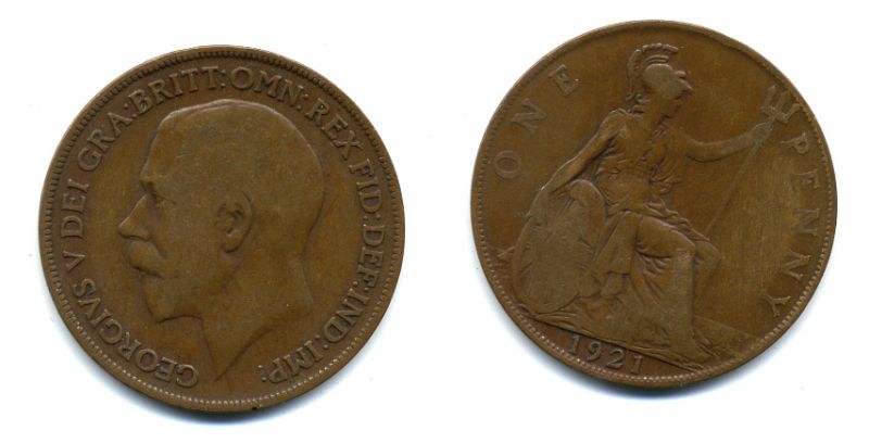 Великобритания 1 пенни 1921 Георг V (1910-1936) KM 810, Spink 4051 бронза 47-636