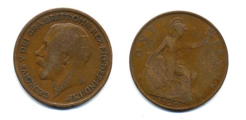 Великобритания 1 пенни 1920 Георг V (1910-1936) КМ 810, Spink 4051 бронза 47-431