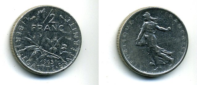 Франция 1/2 франка 1965 сеятель KM 931, Le Franc 198.3 никель 46-337