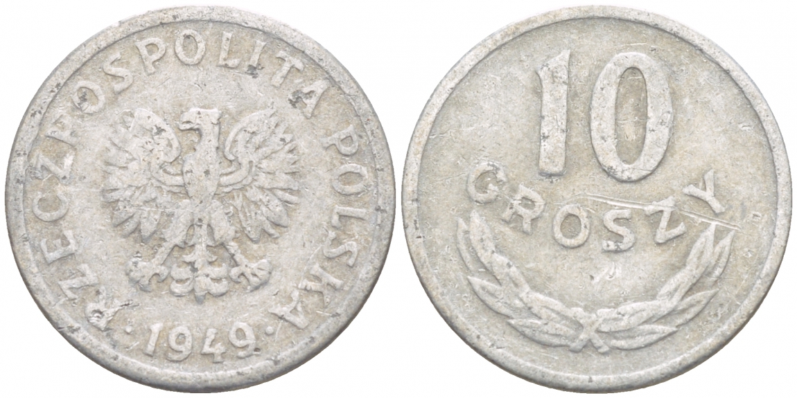 ПОЛЬША 10 ГРОШЕЙ 1949 KM 42а алюминий 4549-255