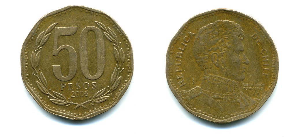 Чили 50 песо 2006 Бернардо О’Хиггинс KM 219.2 алюминиевая бронза 35-352