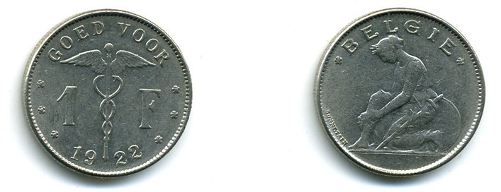 БЕЛЬГИЯ 1 ФРАНК 1922 BELGIE KM 90 никель 41-733