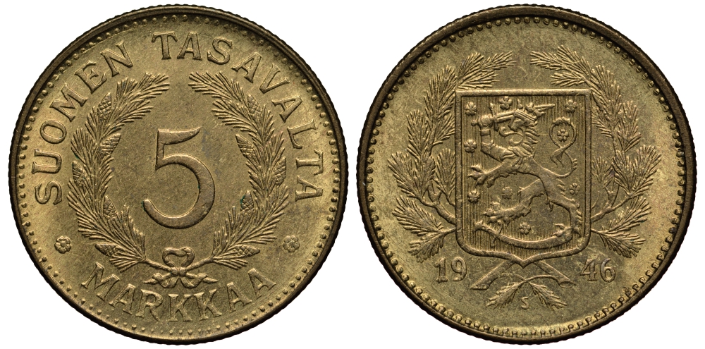 Финляндия 5 марок 1946 S KM 31а латунь    1530-1243