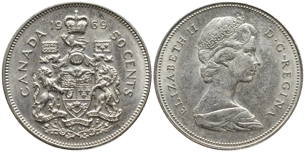 Канада 50 центов 1969 Елизавета II (1952-2022), герб KM 75.1 никель 4542-125