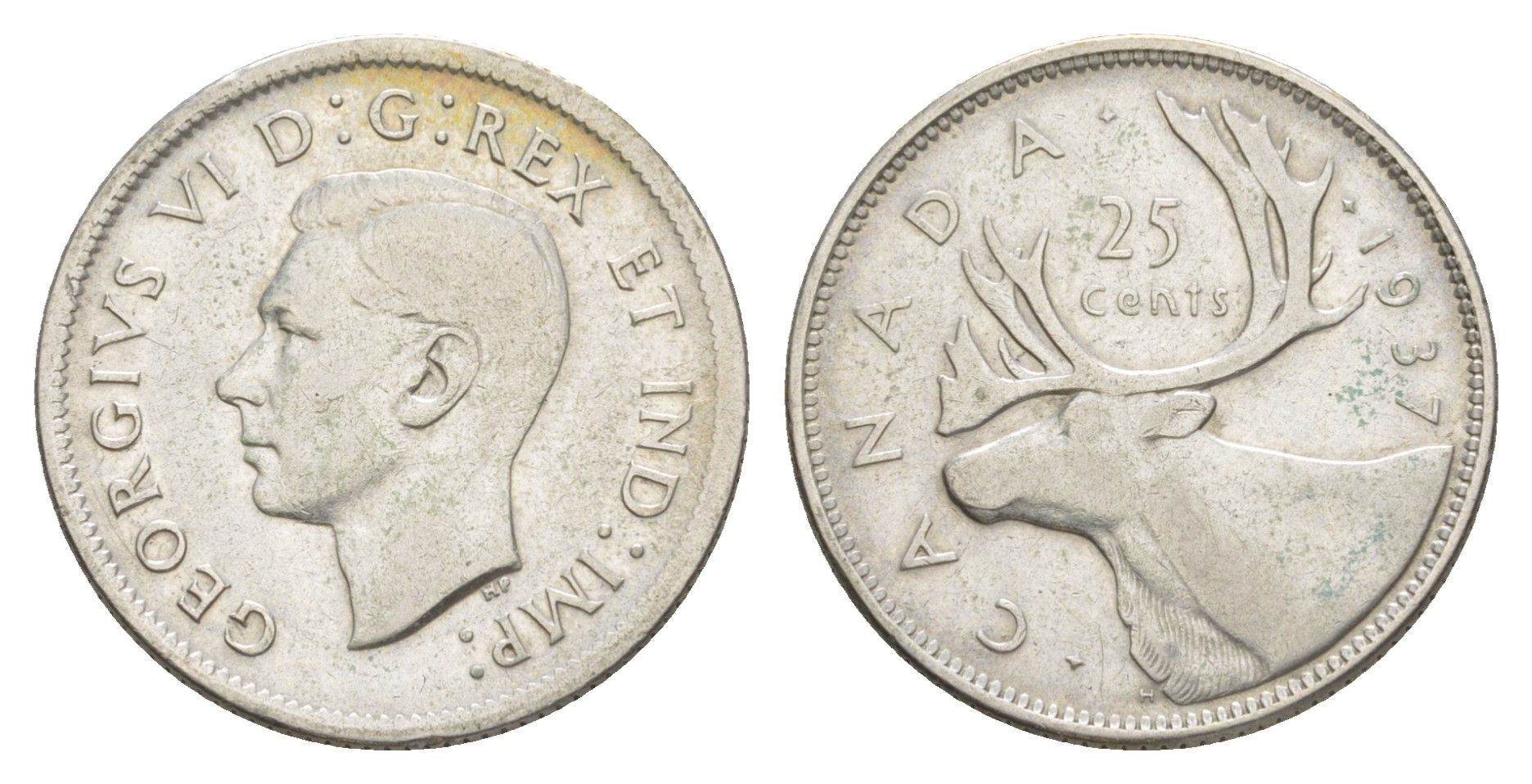 Канада 25 центов 1937 Георг V (1910-1936), олень KM 35 серебро 4541-946