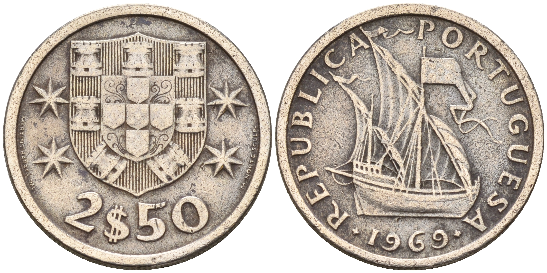 Португалия 2,5 эскудо 1969 парусник KM 590 медно-никель    4160-1212