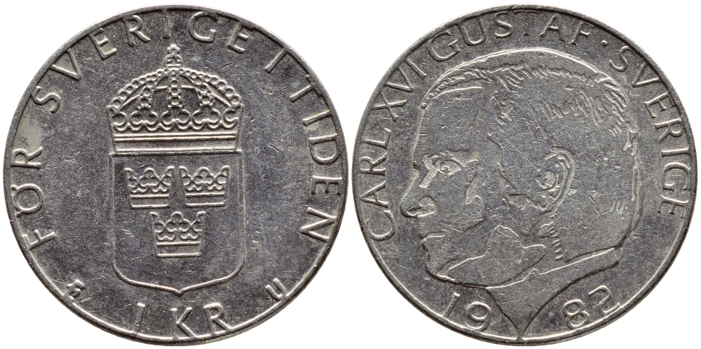 Швеция 1 крона 1982 Карл XVI Густав (1973- ) KM 852a медно-никель 4397-1052