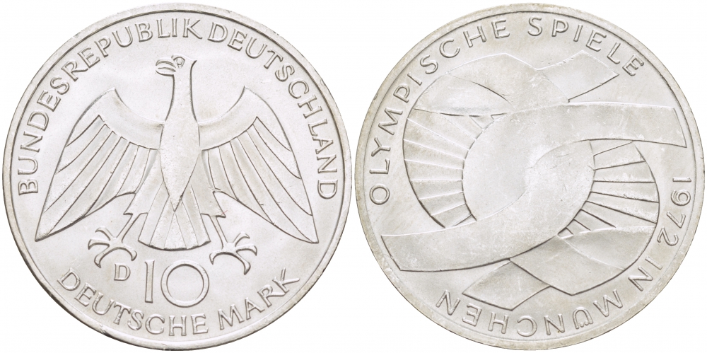 ФРГ 10 марок 1972 D, XX летние Олимпийские игры 1972 года в Мюнхене, символика KM 131, J.402 серебро UNC 4127-112