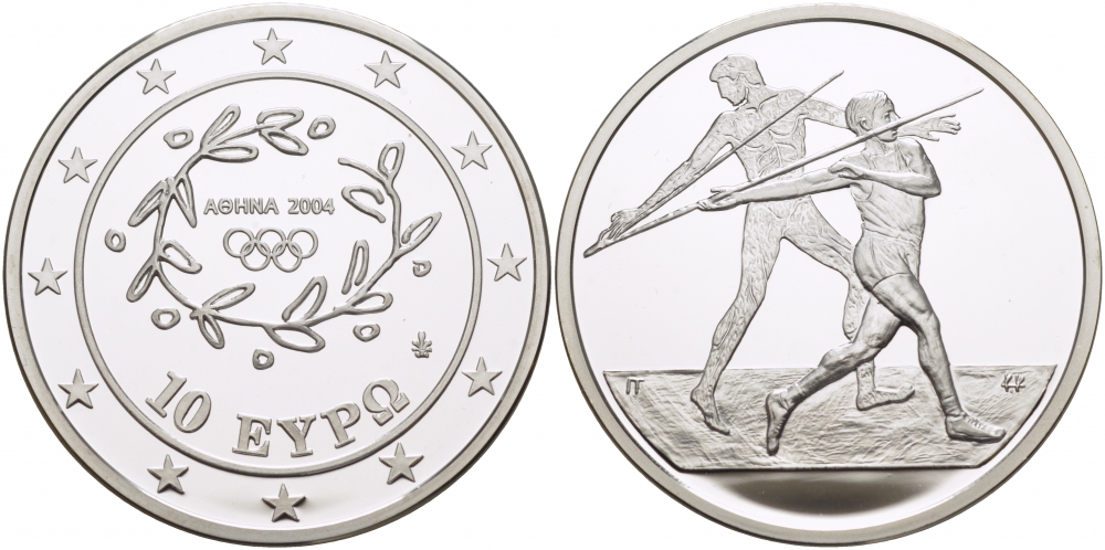 Греция 10 евро 2003 XXVIII летние Олимпийские игры 2004 года в Афинах, метание копья KM 193 серебро PROOF 05-091-21