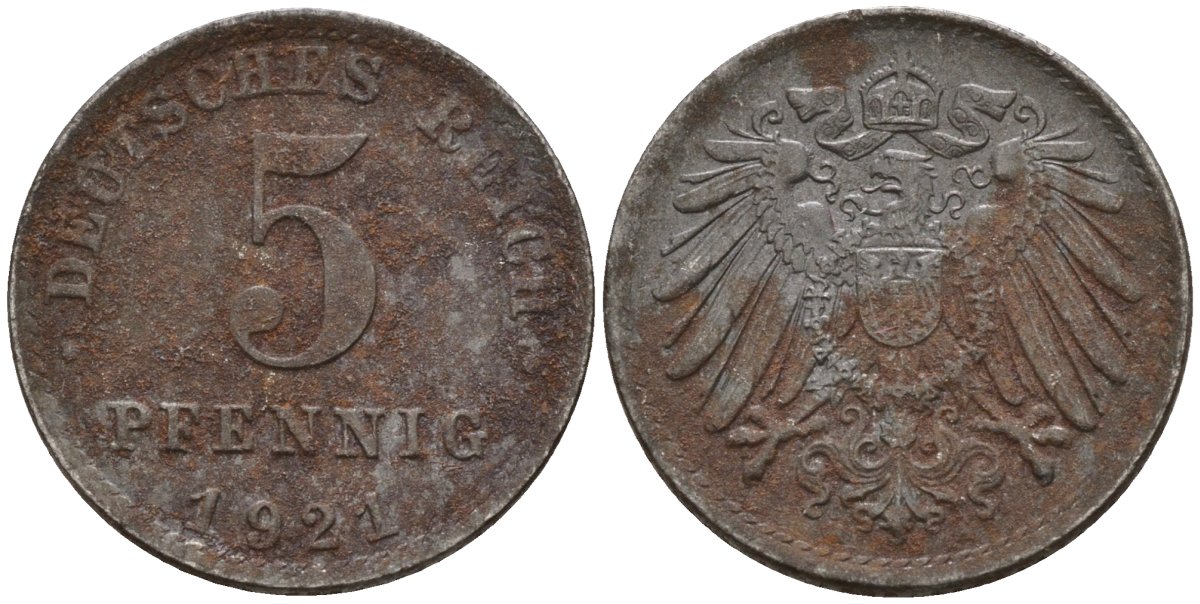 Германия 5 пфеннигов 1921 A KM 19, J. 297 железо 4151-631
