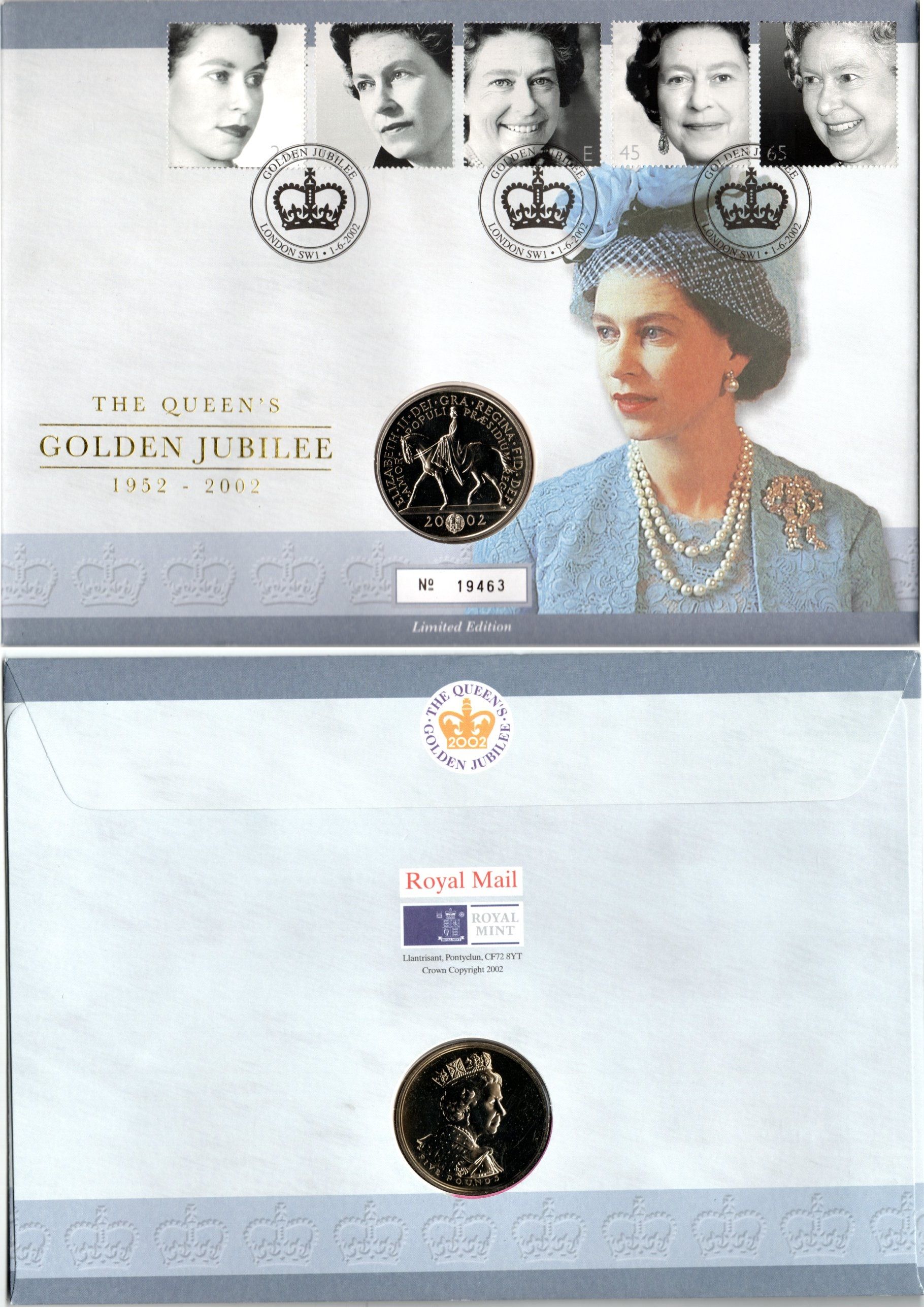 Великобритания 5 фунтов 2002 Золотой юбилей правления Королевы Елизаветы II, в оригинальном конверте, с марками, первый день гашения KM 1024, Spink L10 медно-никель BU 8-2-06-50